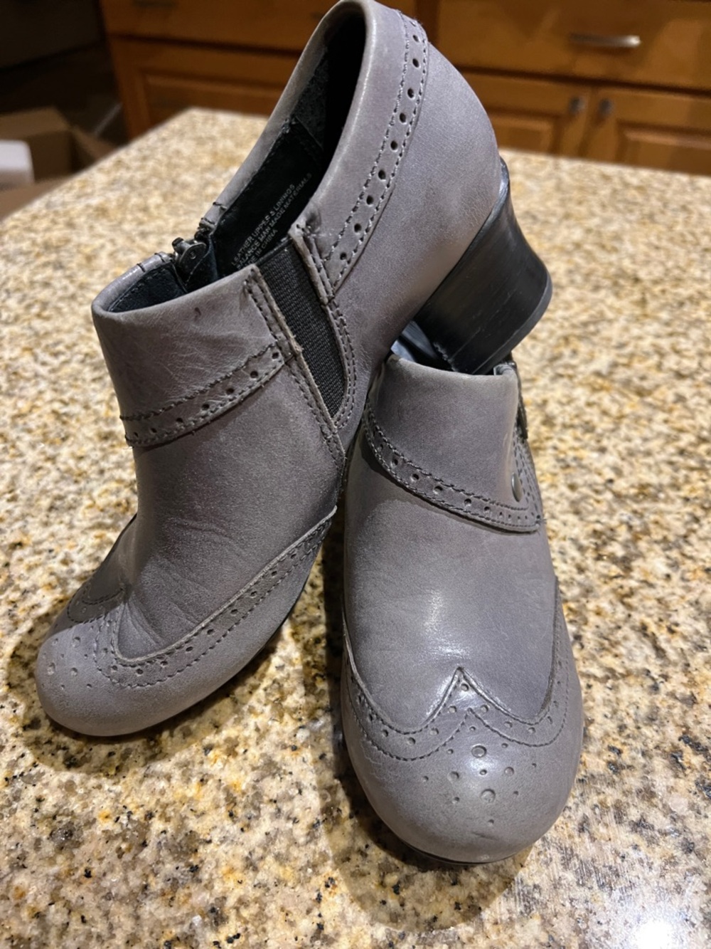 Born Gray Leather Wingtip Heeled Ankle Boots